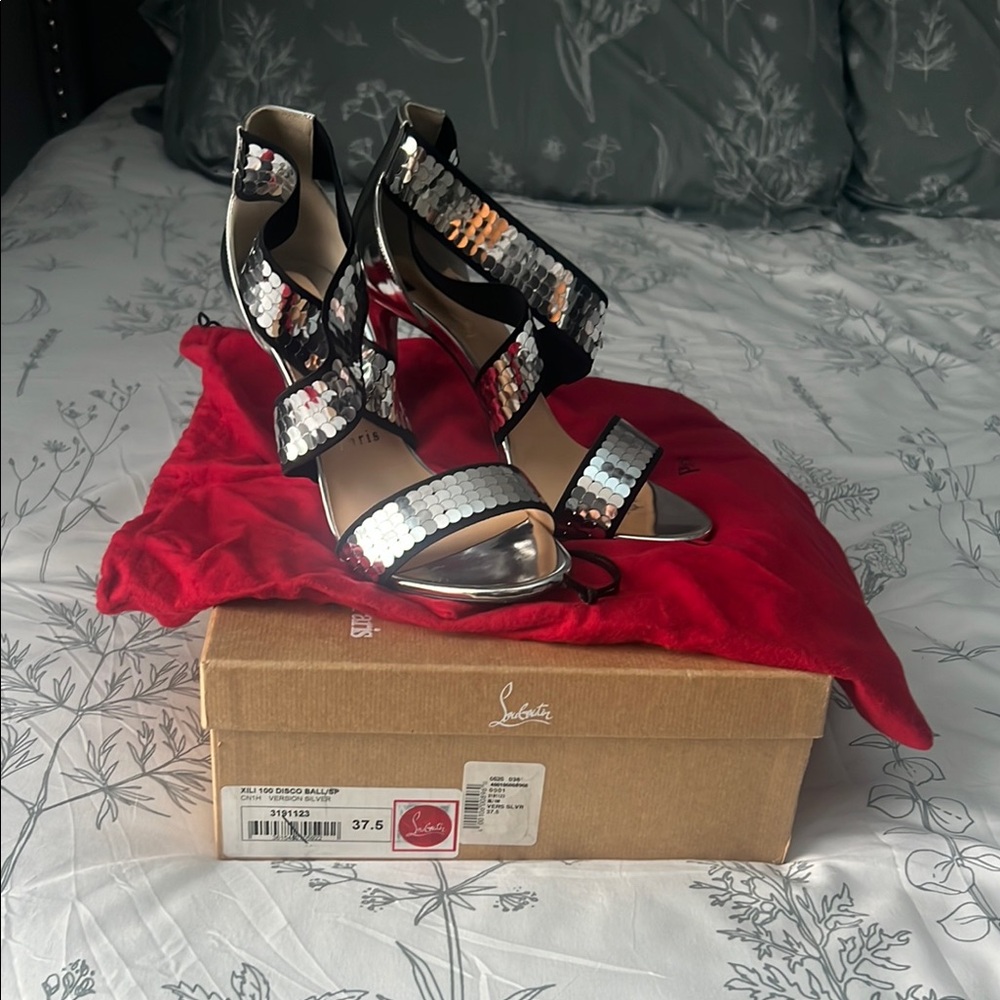 Christian Louboutin Silver and Black Heels with Strappy Design